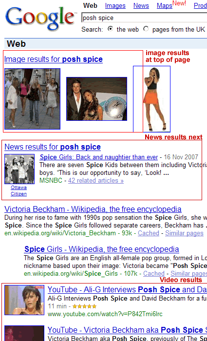 Google universal search, showing results from the web, images, news, and videos (2007)